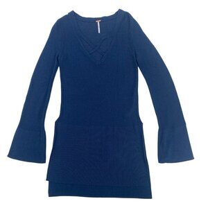 Free People Side Slit Bell Sleeve Tunic Top Size XS Blue Knit Rayon Boho